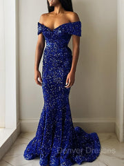 Prom Dress Long Sleeved, Trumpet/Mermaid Off-the-Shoulder Sweep Train Velvet Sequins Evening Dresses