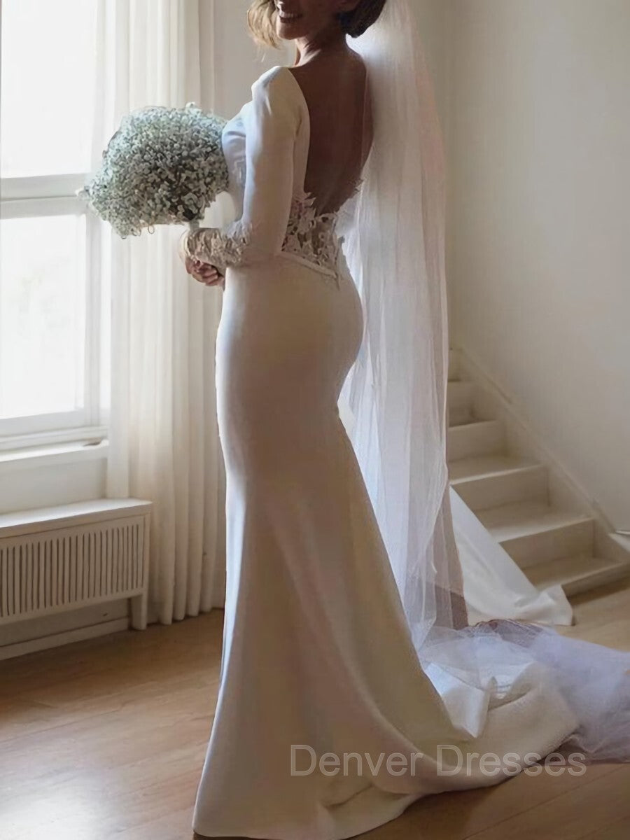 Wedding Dresses For Dancing, Trumpet/Mermaid Scoop Court Train Stretch Crepe Wedding Dresses With Leg Slit