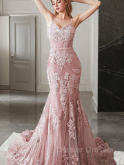 Homecomeing Dresses Long, Trumpet/Mermaid Spaghetti Straps Sweep Train Lace Evening Dresses With Appliques Lace