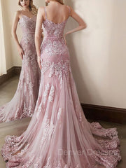 Homecomming Dresses Long, Trumpet/Mermaid Spaghetti Straps Sweep Train Lace Evening Dresses With Appliques Lace