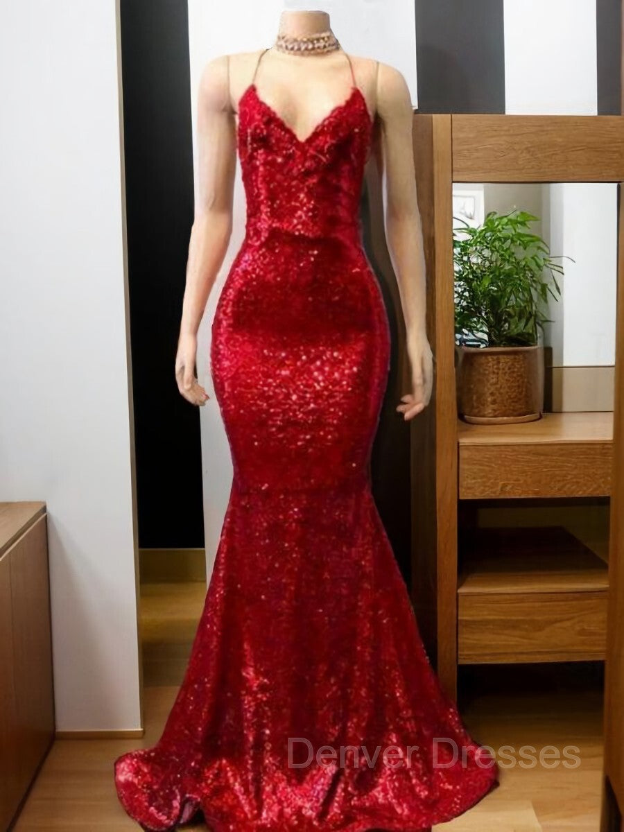 Formal Dresses For Winter Wedding, Trumpet/Mermaid Spaghetti Straps Sweep Train Sequins Prom Dresses