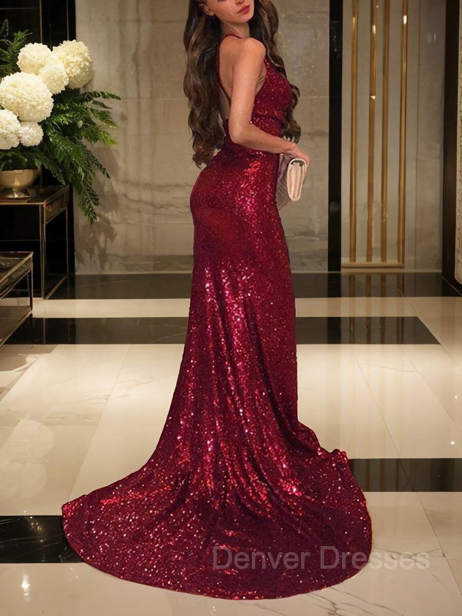 Homecoming Dress Classy, Trumpet/Mermaid V-neck Court Train Sequins Evening Dresses With Leg Slit