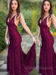 Homecomming Dress Long, Trumpet/Mermaid V-neck Sweep Train Lace Evening Dresses