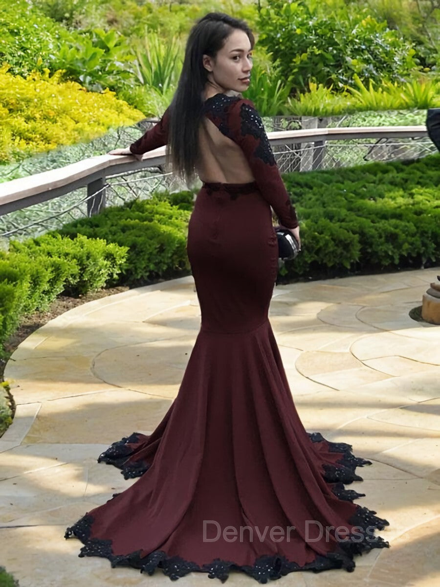 Prom Dresses Stores Near Me, Trumpet/Mermaid V-neck Sweep Train Stretch Crepe Prom Dresses With Appliques Lace