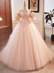 Long Sleeve Wedding Dress, Pink Sweetheart Neck Corset Tulle Prom Dress, A-Line Off the Shoulder Sweet 16 Dress