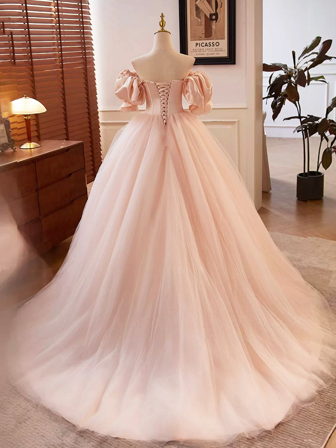 Simple Wedding Dress, Pink Sweetheart Neck Corset Tulle Prom Dress, A-Line Off the Shoulder Sweet 16 Dress