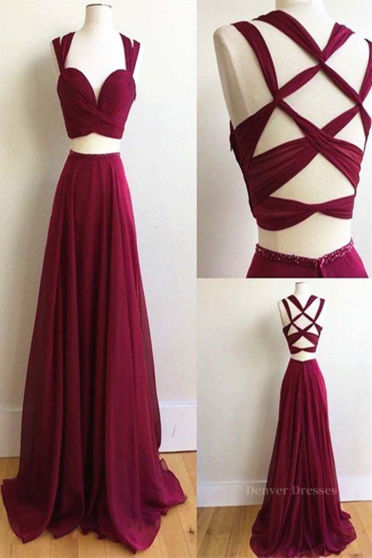 Evening Dresses 31, Two Pieces Burgundy Chiffon Long Prom Dresses, 2 Pieces Wine Red Long Formal Evening Dresses