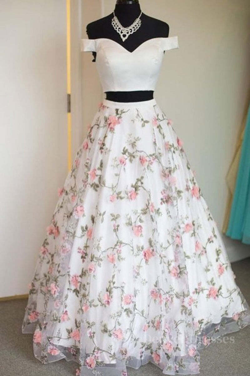 Homecoming Dress Website, Two Pieces Off The Shoulder Lace Floral White Prom Dresses, Off Shoulder White Formal Dresses, Two Pieces White Evening Dresses