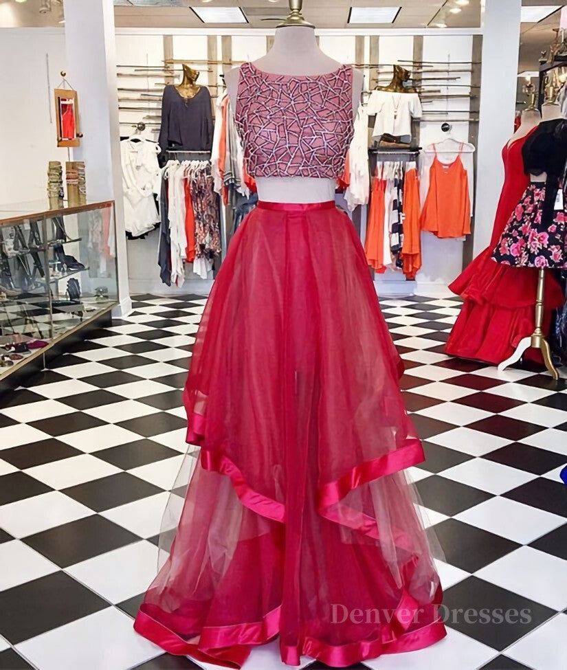 Prom Dress Champagne, Two Pieces Sequin Round Neck Tulle Long Red Prom Dresses, Red Evening Dresses