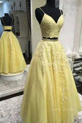 Formal Dresses Ballgown, Two Pieces V Neck Yellow Lace Long Prom Dresses, 2 Pieces Yellow Formal Dresses, Yellow Lace Evening Dresses