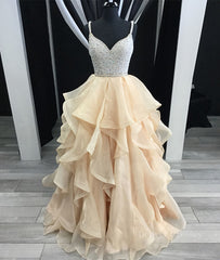 Homecoming Dress Lace, Unique champagne tulle sequin long prom dress, champagne evening dress