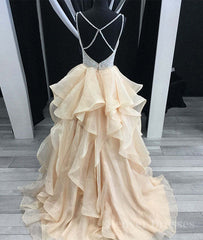 Homecomming Dresses Lace, Unique champagne tulle sequin long prom dress, champagne evening dress