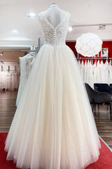 Wedding Dresses For Brides, Unique Ivory Long Princess V-neck Tulle Lace Wedding Dress