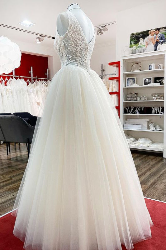 Wedding Dresses Satin, Unique Ivory Long Princess V-neck Tulle Lace Wedding Dress