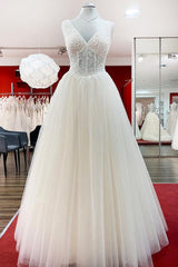 Wedding Dresses For Bride, Unique Ivory Long Princess V-neck Tulle Lace Wedding Dress