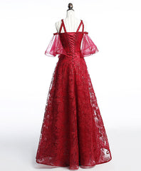 Party Dresses Weddings, Unique Off Shoulder Tulle Lace Burgundy Long Prom Dress, Evening Dress