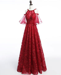 Party Dresses Wedding, Unique Off Shoulder Tulle Lace Burgundy Long Prom Dress, Evening Dress