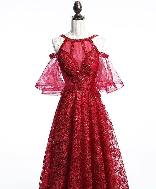 Party Dress Renswoude, Unique Off Shoulder Tulle Lace Burgundy Long Prom Dress, Evening Dress