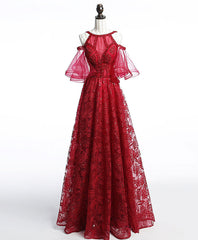 Party Dress Party Dress, Unique Off Shoulder Tulle Lace Burgundy Long Prom Dress, Evening Dress