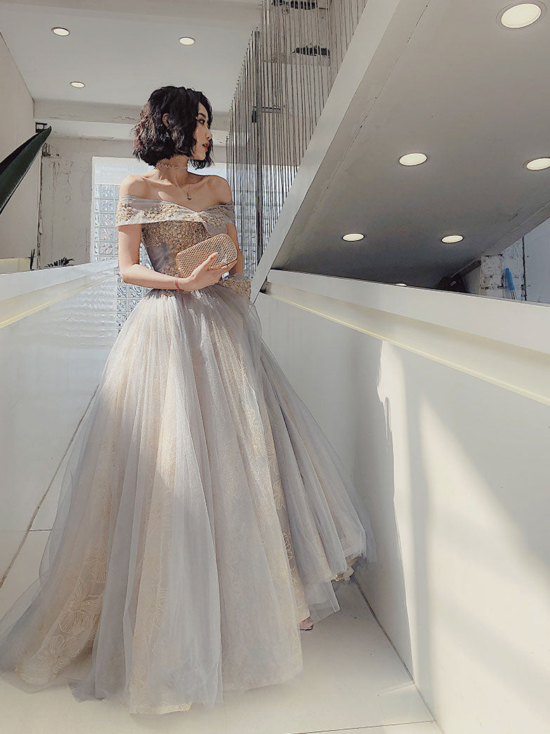 Evening Dresses Red, Unique Off Shoulder Tulle Long Gray Prom Dress, A line Tulle Lace Evening Dress