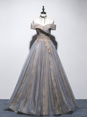 Evening Dresses Vintage, Unique Off Shoulder Tulle Long Gray Prom Dress, A line Tulle Lace Evening Dress