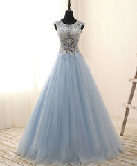 Party Dress Set, Unique Round Neck Tulle Lace Long Prom Dress, Long Evening Dress