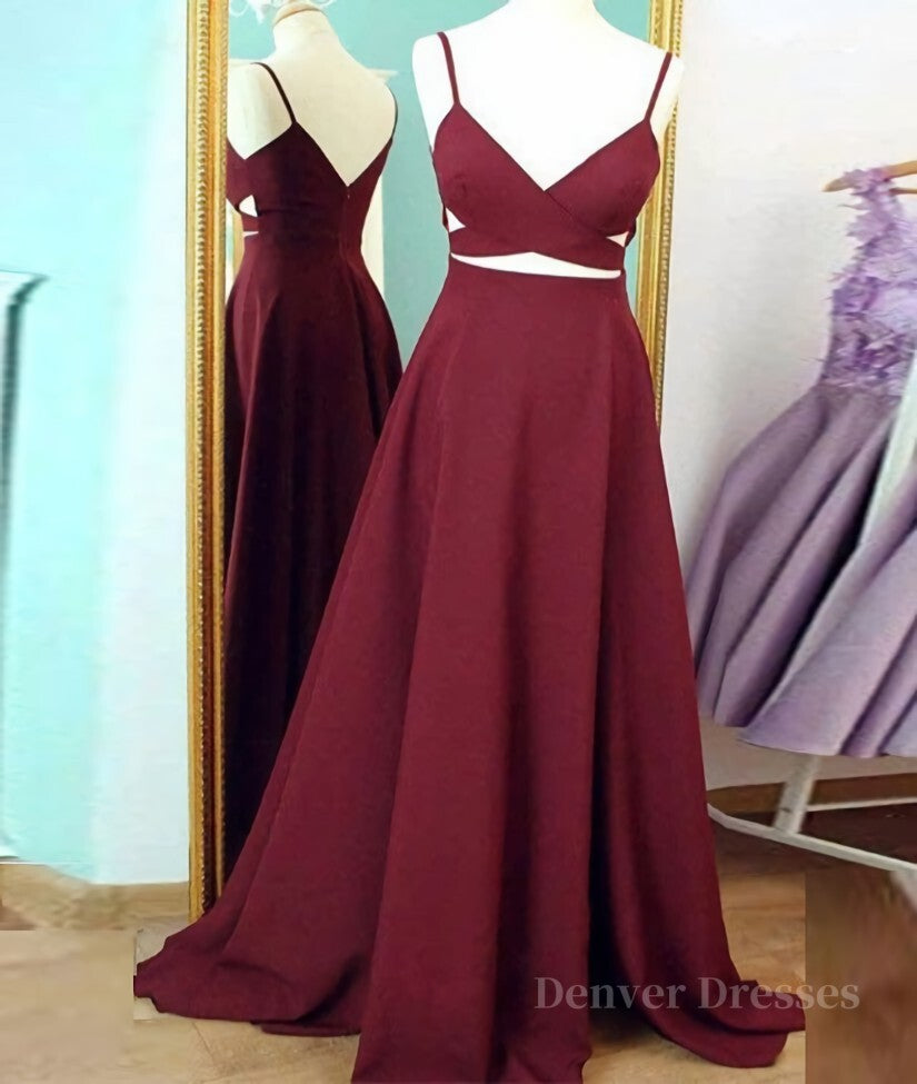 Prom Dress Blue Long, Unique Sexy Two Pieces Long Burgundy Prom Dresses, Burgundy Evening Dresses