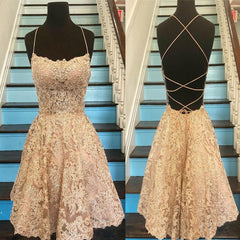 Non Traditional Wedding Dress, Unique Spaghetti Straps Crisscross Back A-Line Short Homecoming Dresses, Gold Lace Homecoming Dresses