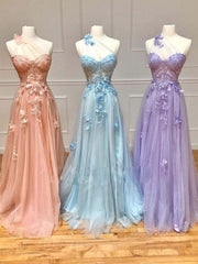 Prom Dresses Ball Gown Style, Unique sweetheart neck tulle lace long prom dress A line evening dress
