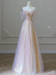 Prom Dress Ideas, Unique Sweetheart Neck Tulle Sequin Long Prom Dress Tulle Party Dress