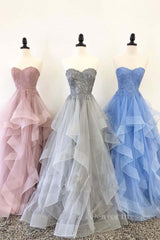 Prom Dresses Tight Fitting, Unique sweetheart tulle lace long prom dress, tulle evening dress