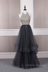 Bridesmaid Dresses Styles, Unique tulle beads long prom dress tulle long evening dress