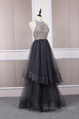 Bridesmaides Dresses Long, Unique tulle beads long prom dress tulle long evening dress