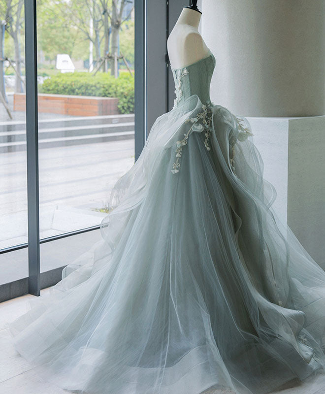 Wedding Color Schemes, Unique Tulle Lace Gray Green Long Prom Gown, Tulle Lace Evening Dress