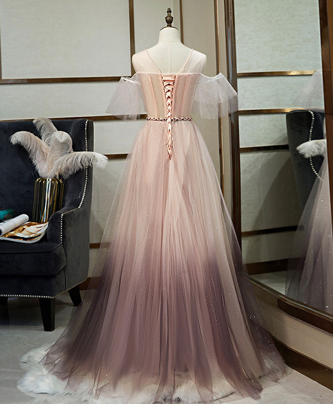 Bridesmaid Dresses Blushes, Unique Tulle Round Neck Lace Long Prom Dress Tulle Evening Dress