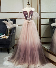 Bridesmaid Dress Winter, Unique Tulle Round Neck Lace Long Prom Dress Tulle Evening Dress