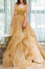 Bridesmaid Dress 2030, Unique V Neck Tulle A-Line Long Prom Dress Tulle Formal Dress