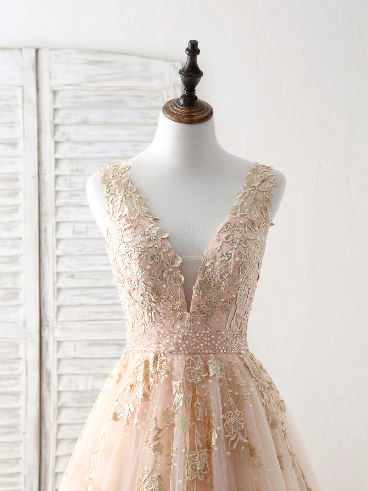 Lace Dress, Unique V Neck Tulle Lace Applique Long Prom Dress, Evening Dress