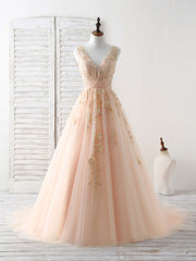 Sun Dress, Unique V Neck Tulle Lace Applique Long Prom Dress, Evening Dress