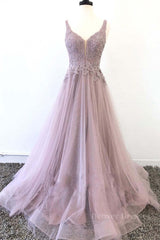 Prom Dresses For Skinny Body, Unique v neck tulle lace long prom dress, tulle evening dress