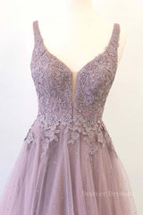 Prom Dress Floral, Unique v neck tulle lace long prom dress, tulle evening dress