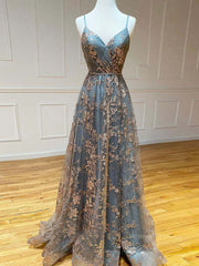 Prom Dress Vintage, Unique v neck tulle sequin long prom dress, sequin long evening dress