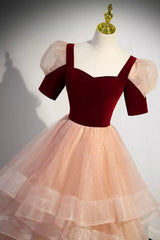Party Dress Meaning, Unique Velvet Long A-Line Prom Dress with Ruffles, Cute Evening Party Dress