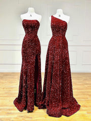 Bridesmaid Dress Satin, Unique Velvet Sequin Mermaid Burgundy Long Prom Dress, Burgundy Formal Evening Dress