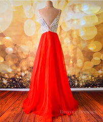 Prom Dress Yellow, V Neck And V Back Sequins Chiffon Red Prom Dresses, Long Red Formal Dresses, Evening Dresses