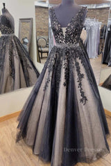 Formal, V Neck Backless Black Lace Long Prom Dress, Black Lace Formal Dress, Black Evening Dress