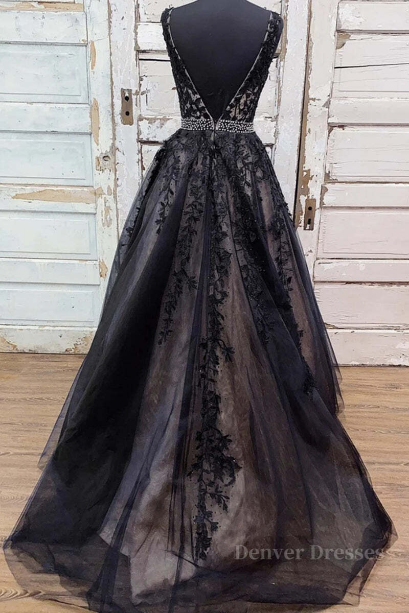 Short Formal Dress, V Neck Backless Black Lace Long Prom Dress, Black Lace Formal Dress, Black Evening Dress
