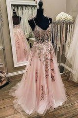 Formal Dress For Wedding Guests, V Neck Backless Pink Lace Long Prom Dress, Long Pink Lace Formal Evening Dress