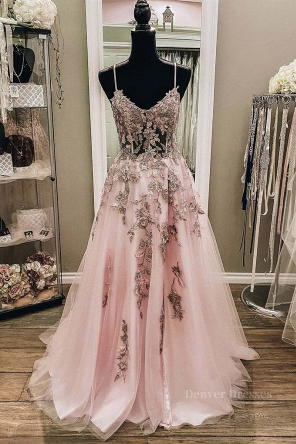 Formal Dress For Wedding Guest, V Neck Backless Pink Lace Long Prom Dress, Long Pink Lace Formal Evening Dress