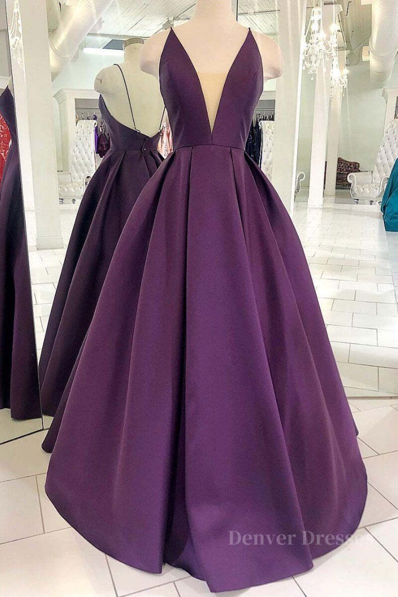 Prom Dresses Long Sleeve, V Neck Backless Purple Satin Long Prom Dress, Backless Purple Formal Dress, Purple Evening Dress